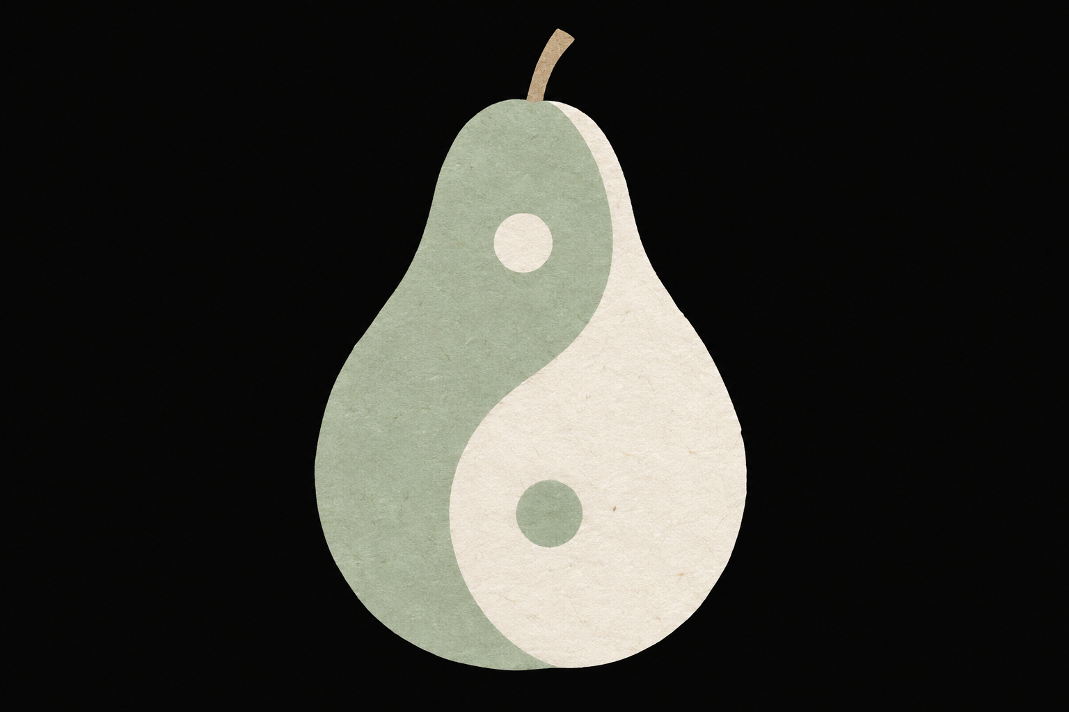 A pale green and ivory paper pear formed from yin-yang halves.